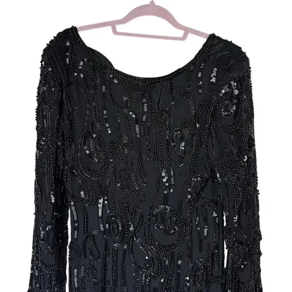 Vtg NWT Black Tie Oleg Cassini Black Beaded Long Sleeve Deep Back V Dress Size 8 Vtg NWT Black Tie Oleg Cassini Black Beaded Long Sleeve Deep Back V Dress Size 8